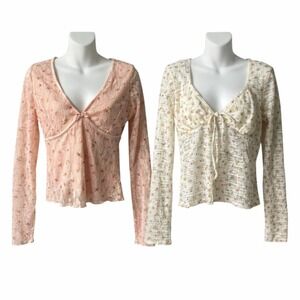 Y2K Babydoll Floral Lace Blouse Top Lot of 2 Women M Pink Cream Coquette NWT